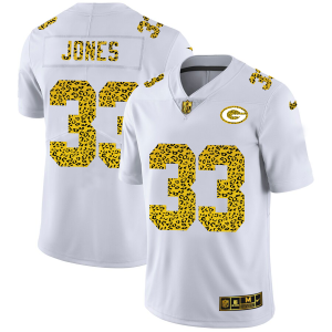 Awesome Beautiful Green Bay Packers #33 Aaron Jones Men's Flocked Leopard Print Vapor Limited NFL Jersey White