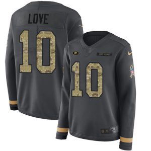 Awesome Packers #10 Jordan Love Anthracite Salute to Service Women's Stitched NFL Limited Therma Long Sleeve Jersey