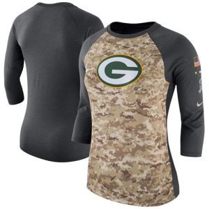 Awesome Women's Green Bay Packers Camo Charcoal Salute to Service Legend Three Quarter Raglan Sleeve T Shirt