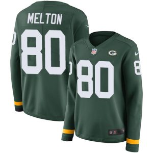 Charming Packers #80 Bo Melton Green Team Color Women's Stitched NFL Limited Therma Long Sleeve Jersey