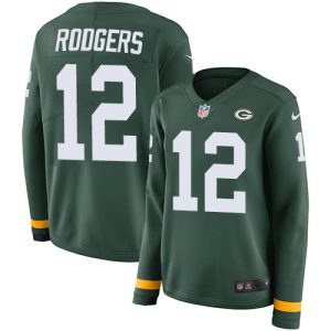 Classy Outstanding Packers #12 Aaron Rodgers Green Team Color Women's Stitched NFL Limited Therma Long Sleeve Jersey