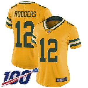 Comfortable Packers #12 Aaron Rodgers Yellow Women's Stitched NFL Limited Rush 100th Season Jersey