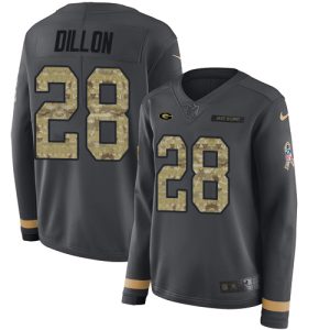 Cool Fabulous Packers #28 AJ Dillon Anthracite Salute to Service Women's Stitched NFL Limited Therma Long Sleeve Jersey