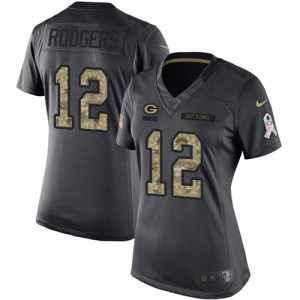 Delightful Packers #12 Aaron Rodgers Black Women's Stitched NFL Limited 2016 Salute to Service Jersey