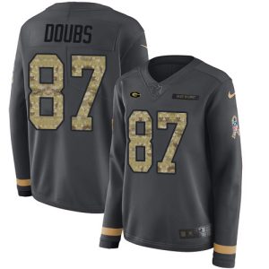 Elegant Packers #87 Romeo Doubs Anthracite Salute to Service Women's Stitched NFL Limited Therma Long Sleeve Jersey