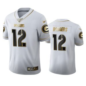Elegant Stunning Green Bay Packers #12 Aaron Rodgers Men's White Golden Edition Vapor Limited NFL 100 Jersey