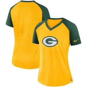 Exciting Charming Luxurious Women's Green Bay Packers Gold Green Top V Neck T Shirt