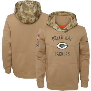 Exciting Youth Green Bay Packers Khaki 2019 Salute to Service Therma Pullover Hoodie