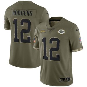 Fantastic Superb Green Bay Packers #12 Aaron Rodgers Men's 2022 Salute To Service Limited Jersey Olive