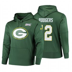 Impressive Green Bay Packers #12 Aaron Rodgers NFL 100 Primary Logo Circuit Name & Number Pullover Hoodie Green
