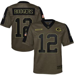 Marvelous Green Bay Packers #12 Aaron Rodgers Olive Youth 2021 Salute To Service Game Jersey