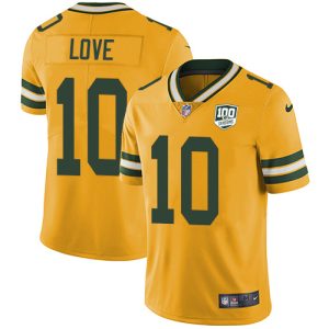 Marvelous Packers #10 Jordan Love Yellow Men's 100th Season Stitched NFL Limited Rush Jersey
