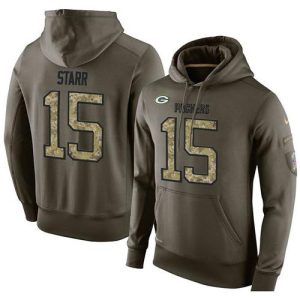 Modern NFL Men's Green Bay Packers #15 Bart Starr Stitched Green Olive Salute To Service KO Performance Hoodie