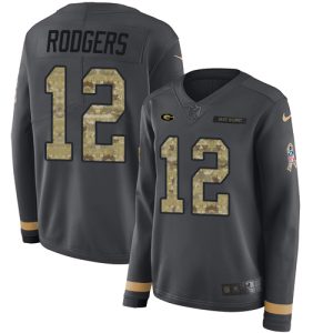 Outstanding Exciting Packers #12 Aaron Rodgers Anthracite Salute to Service Women's Stitched NFL Limited Therma Long Sleeve Jersey