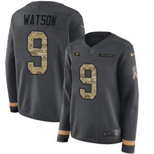 Outstanding Packers #9 Christian Watson Anthracite Salute to Service Women's Stitched NFL Limited Therma Long Sleeve Jersey