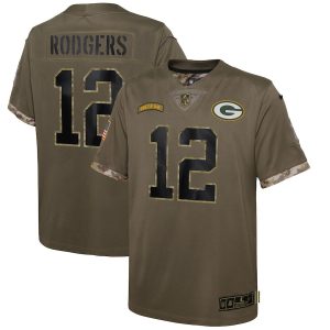 Perfect Green Bay Packers #12 Aaron Rodgers Youth 2022 Salute To Service Limited Jersey Olive