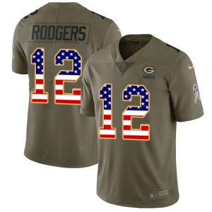 Perfect Luxurious Packers #12 Aaron Rodgers Olive/USA Flag Youth Stitched NFL Limited 2017 Salute to Service Jersey