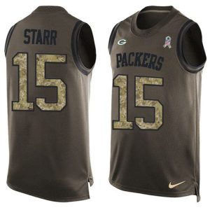Perfect Packers #15 Bart Starr Green Men's Stitched NFL Limited Salute To Service Tank Top Jersey