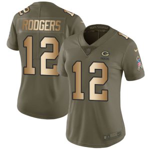 Smart Packers #12 Aaron Rodgers Olive/Gold Women's Stitched NFL Limited 2017 Salute to Service Jersey