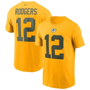 Spectacular Brilliant Green Bay Packers #12 Aaron Rodgers Name & Number T Shirt Gold