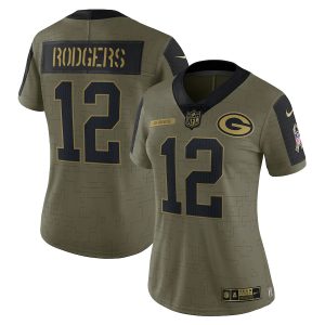 Spectacular Elegant Green Bay Packers #12 Aaron Rodgers Olive Women's 2021 Salute To Service Limited Player Jersey