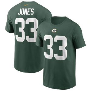 Stunning Green Bay Packers #33 Aaron Jones Team Player Name & Number T Shirt Green