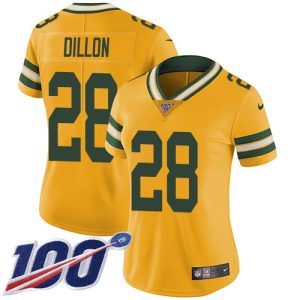 Superb Outstanding Packers #28 AJ Dillon Yellow Women's Stitched NFL Limited Rush 100th Season Jersey