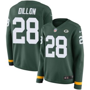Trendy Charming Packers #28 AJ Dillon Green Team Color Women's Stitched NFL Limited Therma Long Sleeve Jersey